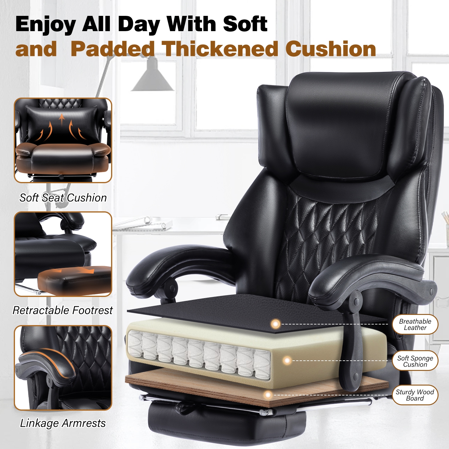 High Back Massage Reclining Office Chair With Footrest - Executive Computer Home Desk Massaging Lumbar Cushion, Adjustable Angle, Breathable Thick Padding For Comfort_maomaolike.com